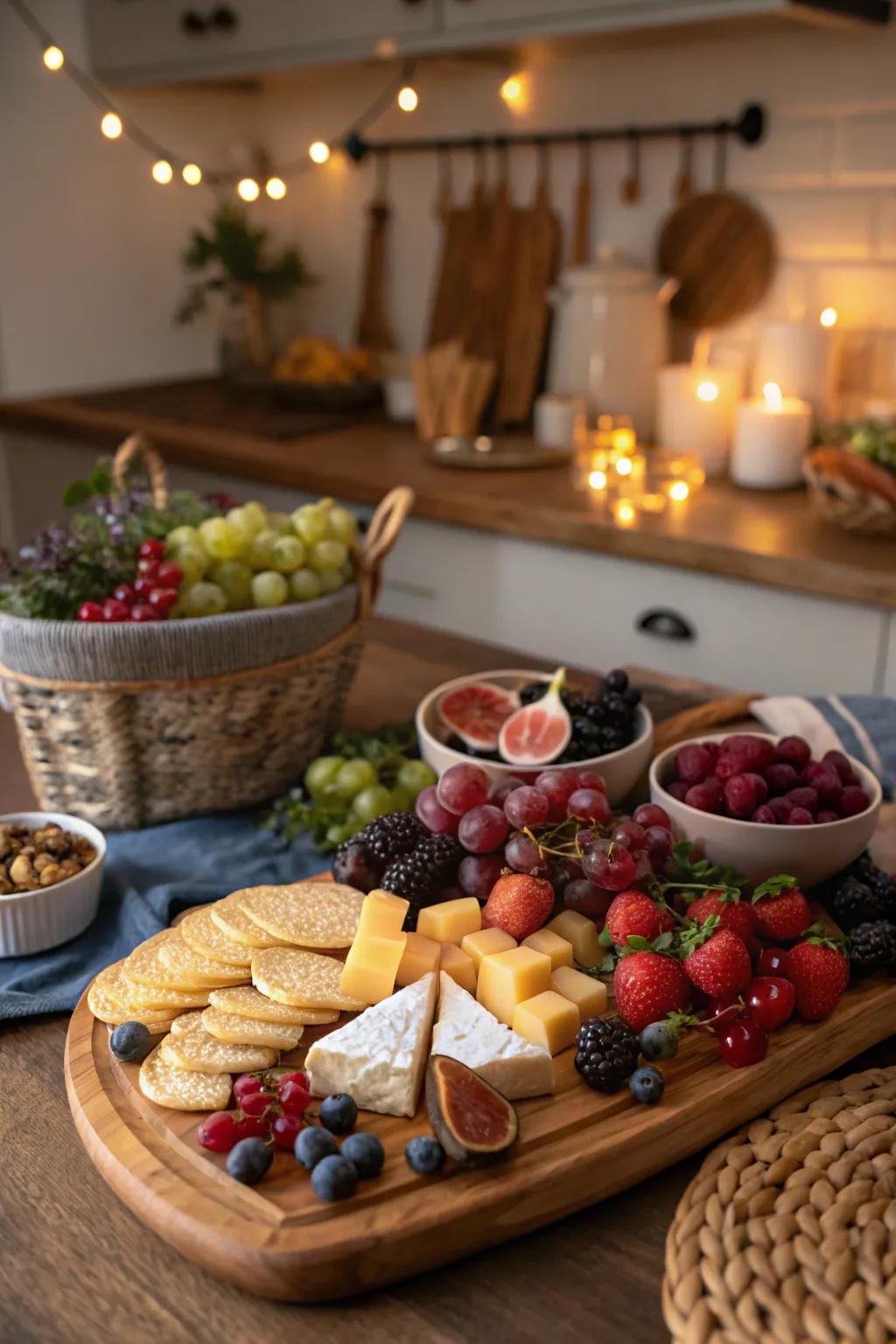 A cheese board enriched with colorful fruits.