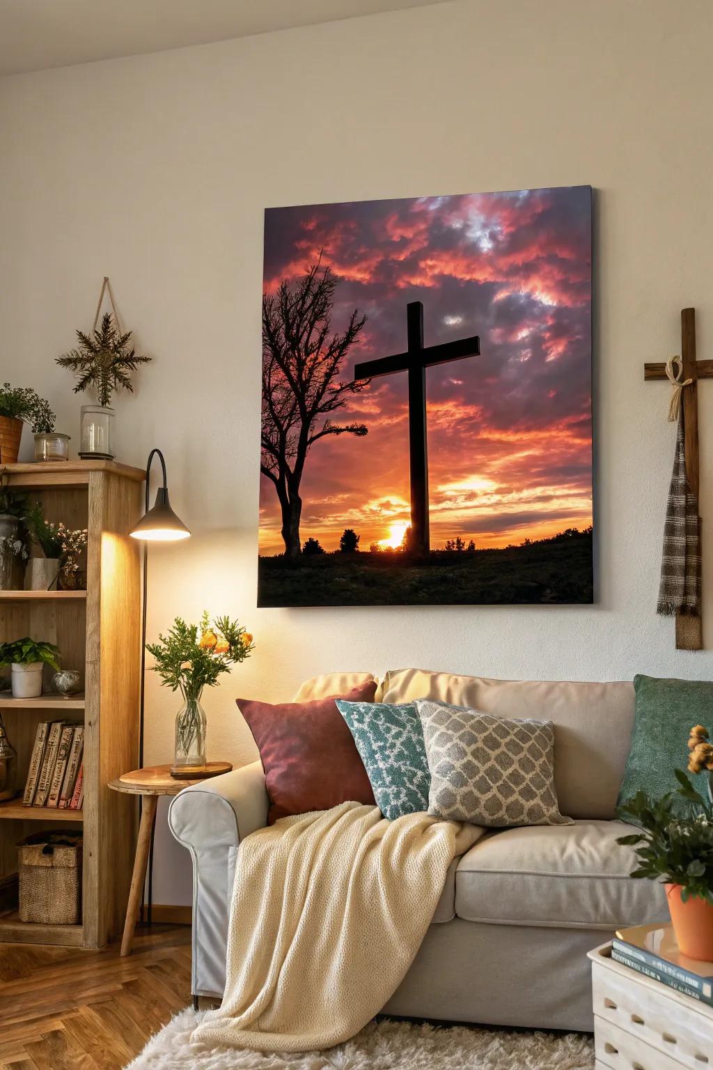 A cross set against a sunset sky brings warmth and faith into a room.