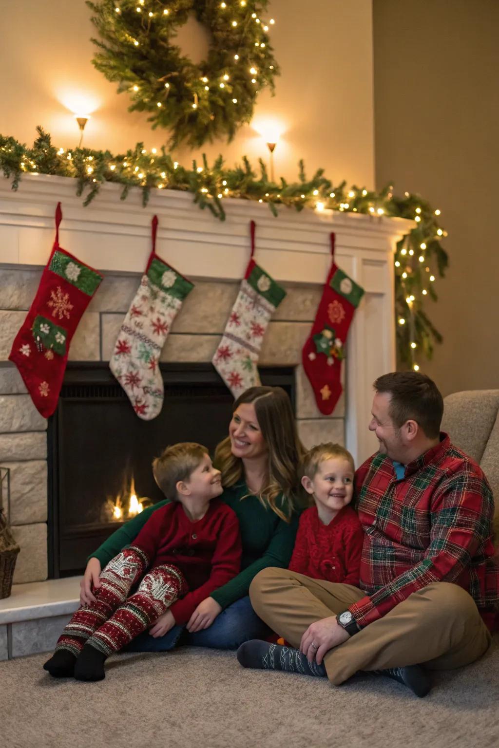 A cozy family moment in front of the fireplace.