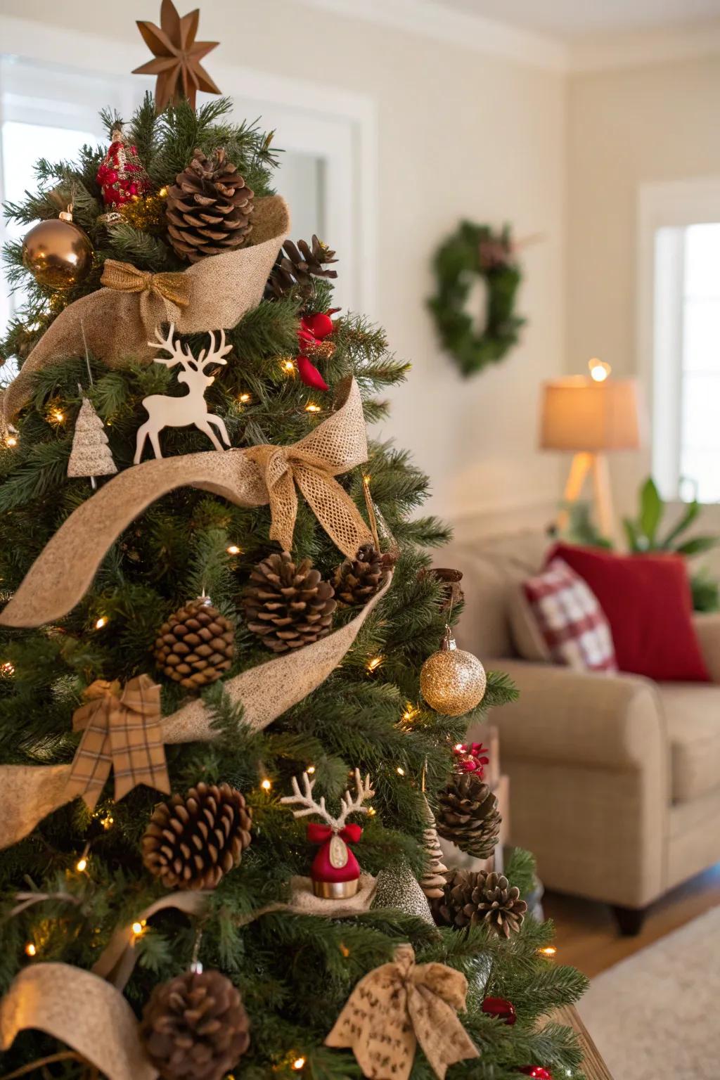 A woodland-themed Christmas tree with rustic charm.