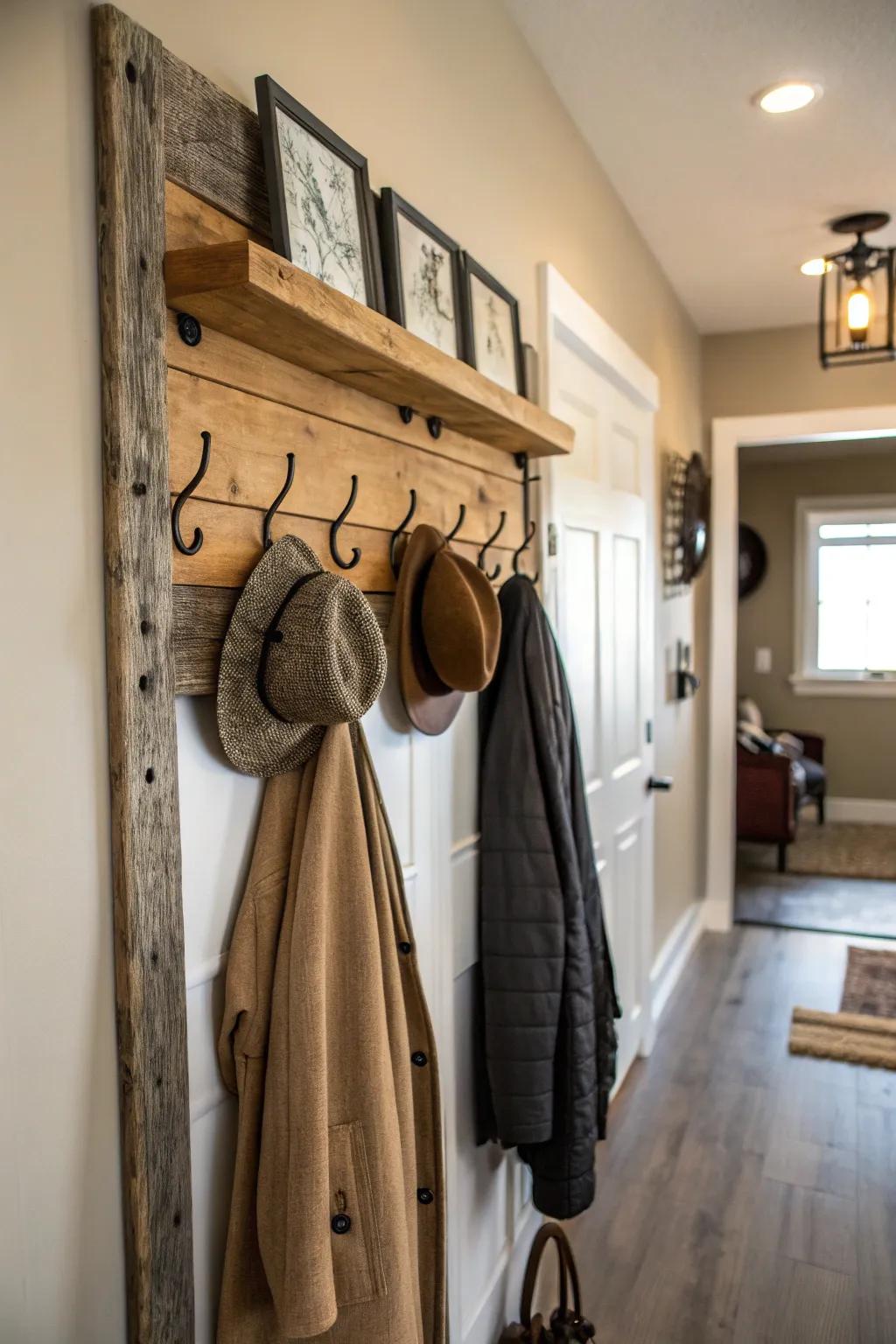 A coat rack formed from reclaimed barn timber offers warmth and uniqueness to an entryway.