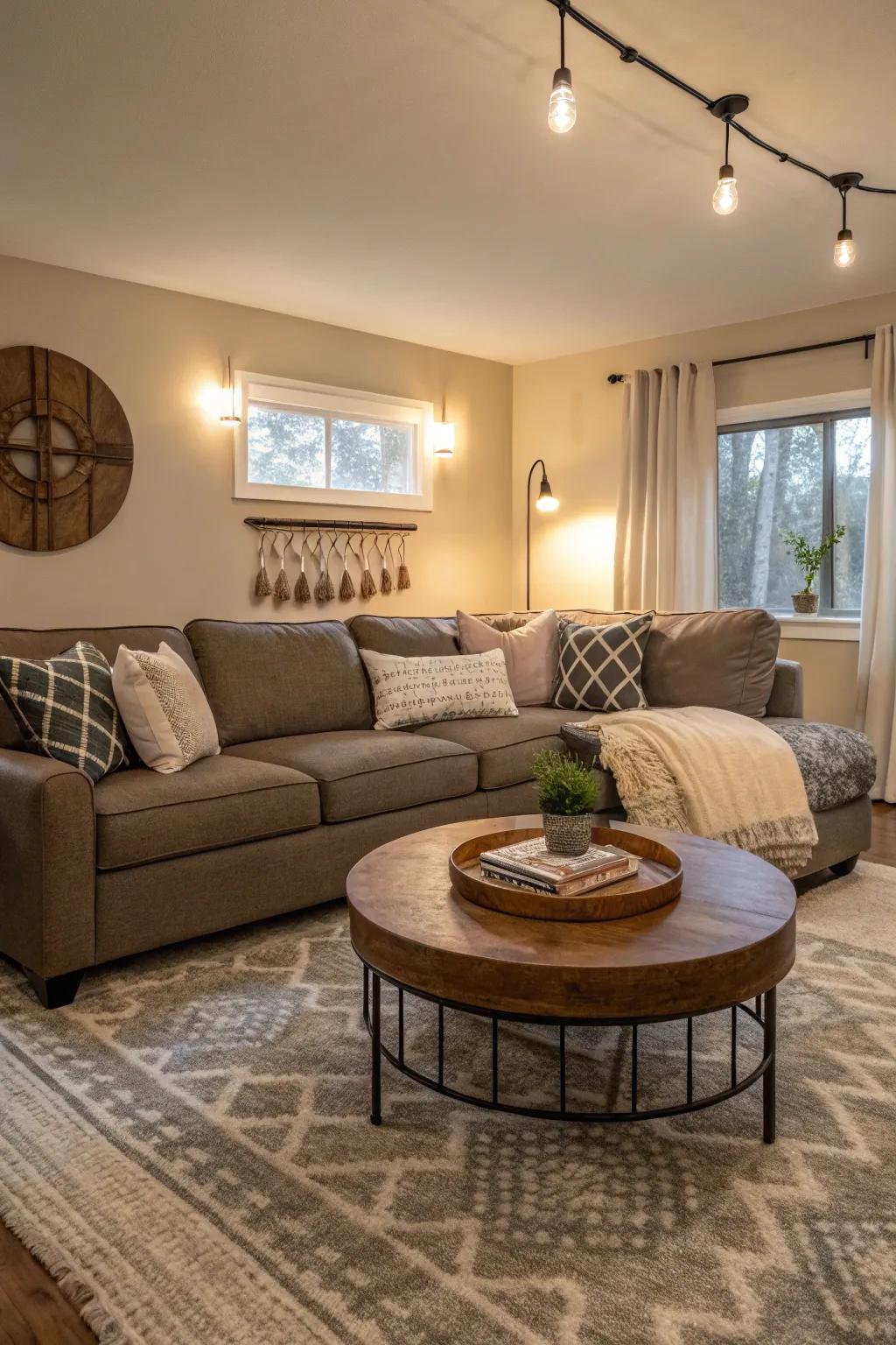 A round coffee table softens the look of a sectional sofa, adding elegance and ease.