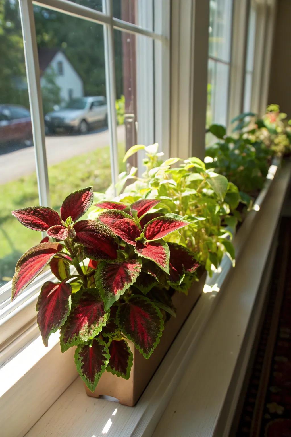 A striking interplay of crimson and verdant painted nettle establishes an arresting window display.
