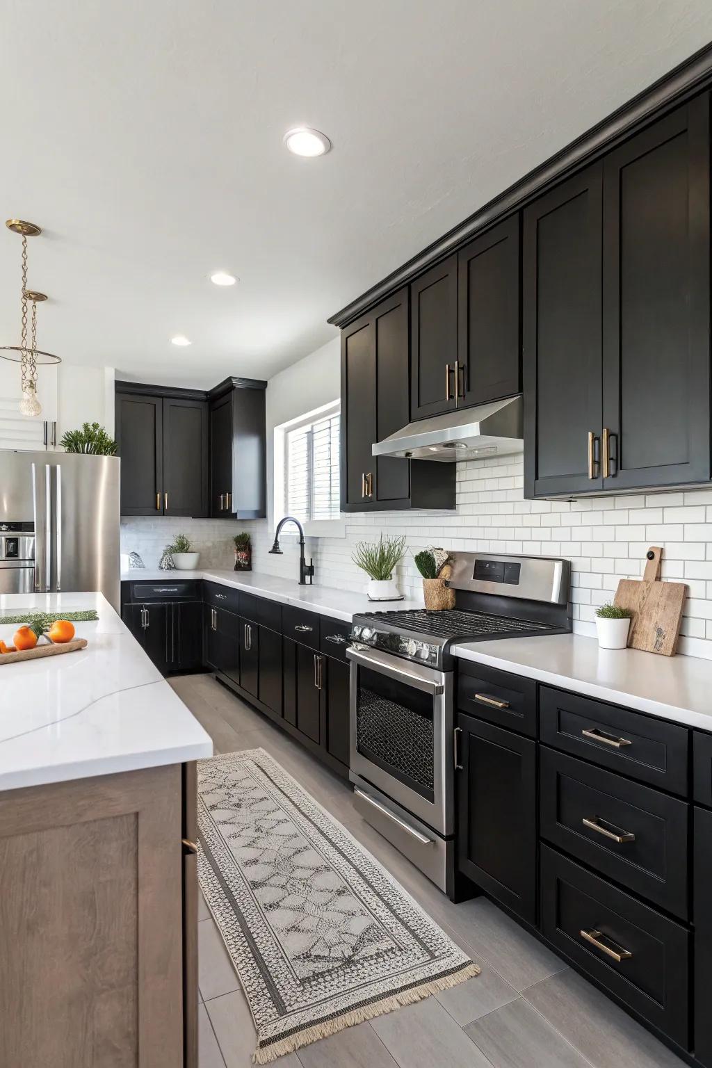 A modern kitchen with dark cabinets beautifully contrasted by bright white walls and countertops.