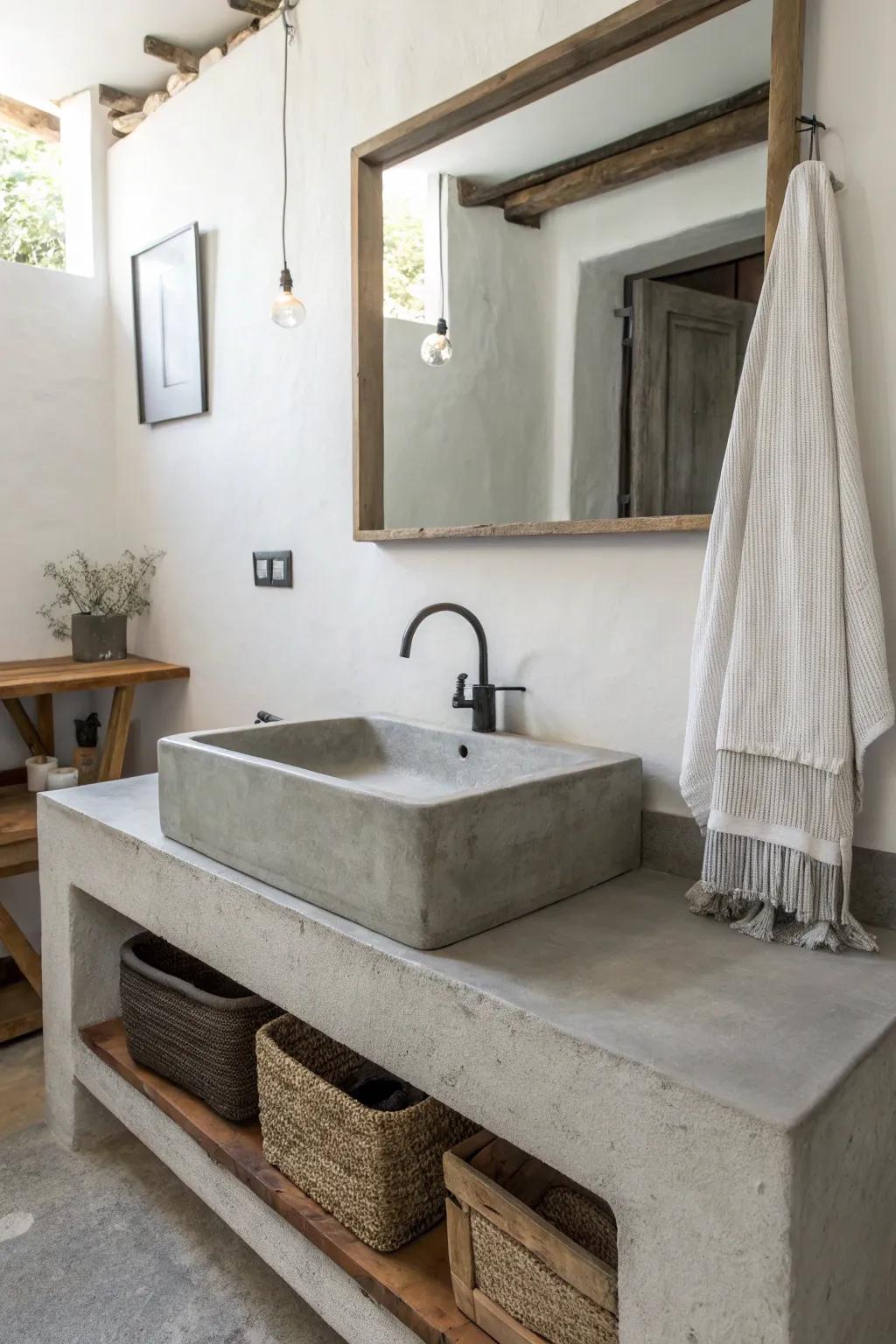 Sleek concrete sink in a minimalist bathroom.