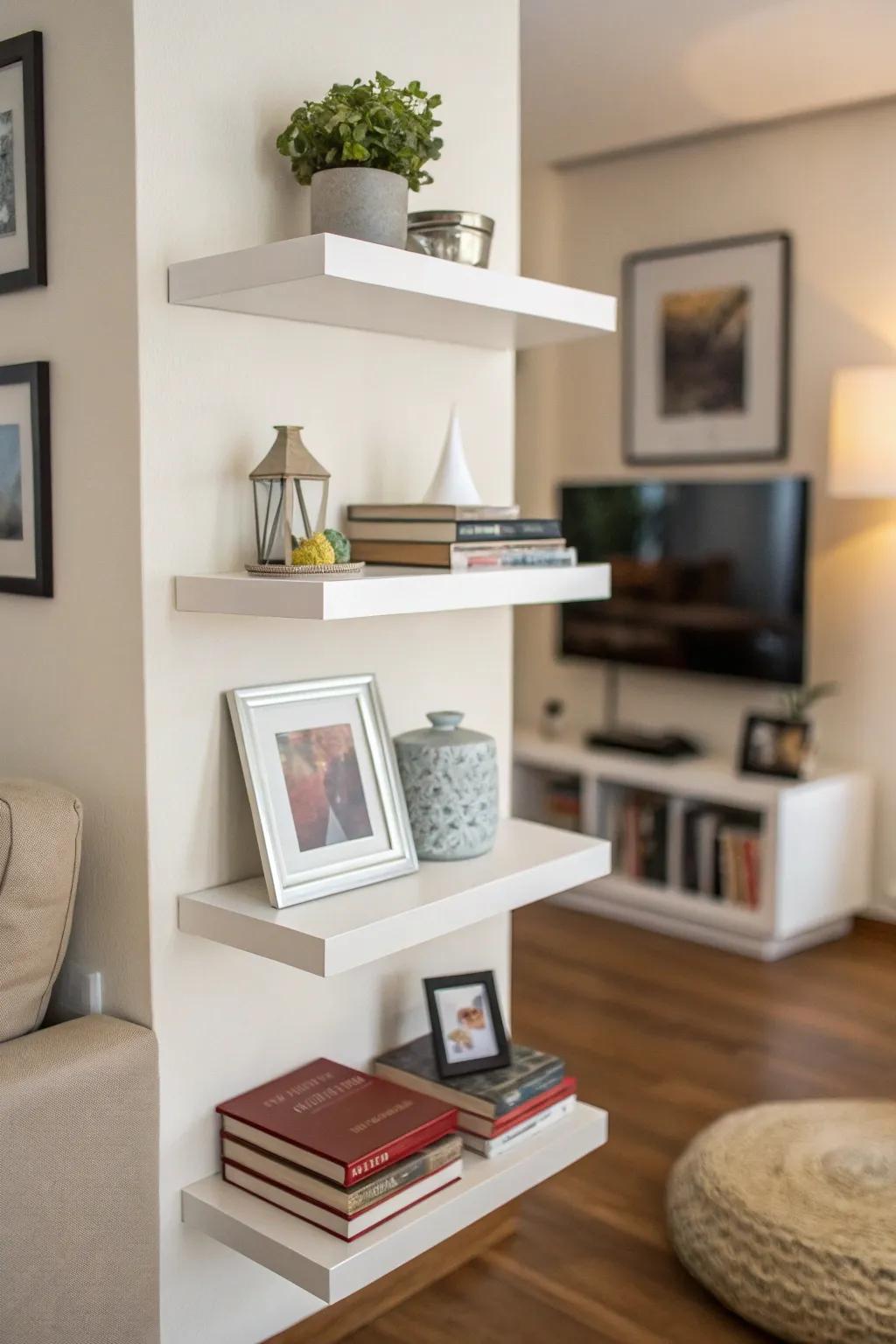 Floating corner shelves add a touch of modern elegance.