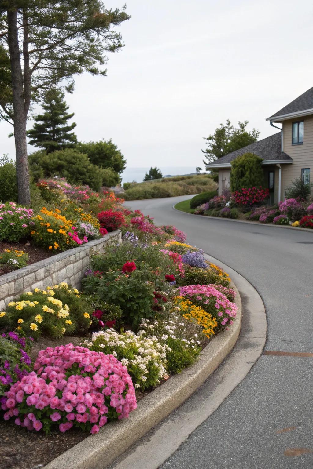 Brilliant floral displays, lending a sense of enchantment to a corner driveway.