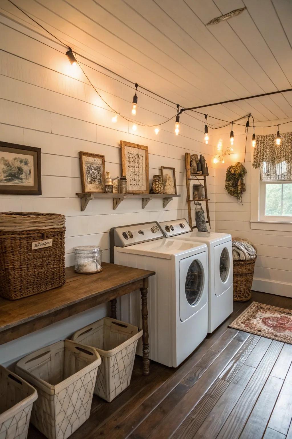 Shiplap walls bring a timeless rustic charm to any laundry room.