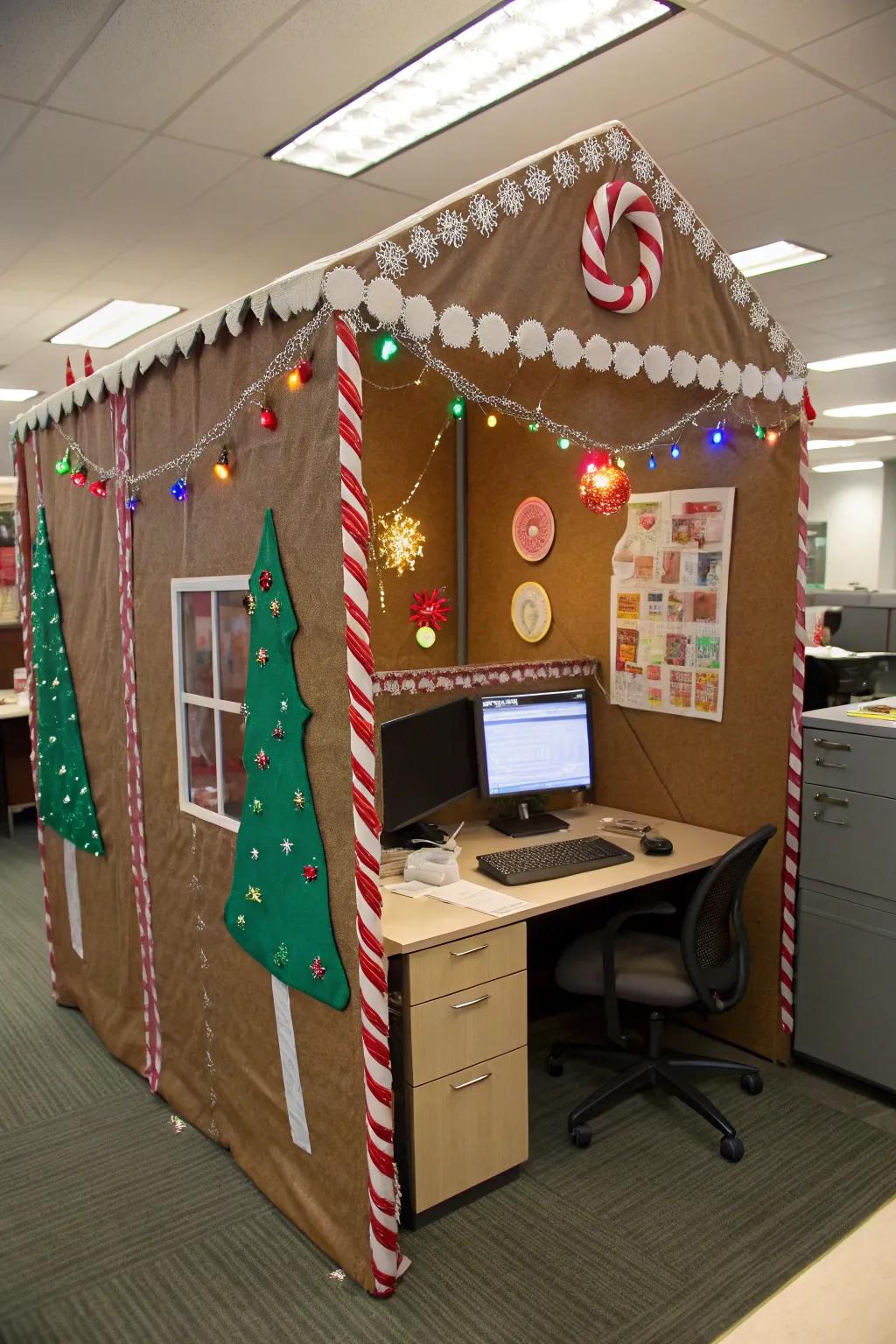 Cubicle transformed into a charming gingerbread house with festive decorations.