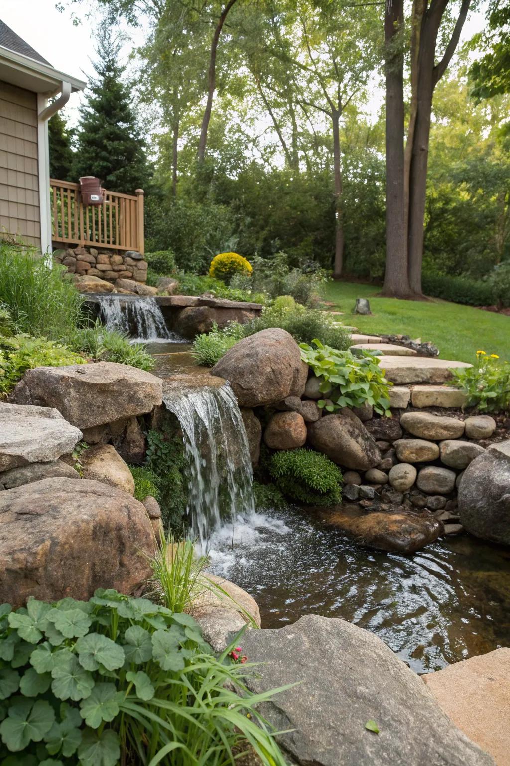 A natural water feature adds soothing sounds and visual appeal to your creekside landscape.