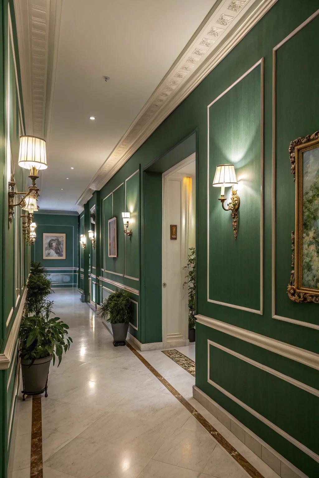 The transformation of this hallway into a sophisticated area is achieved through walls painted in a deep green.