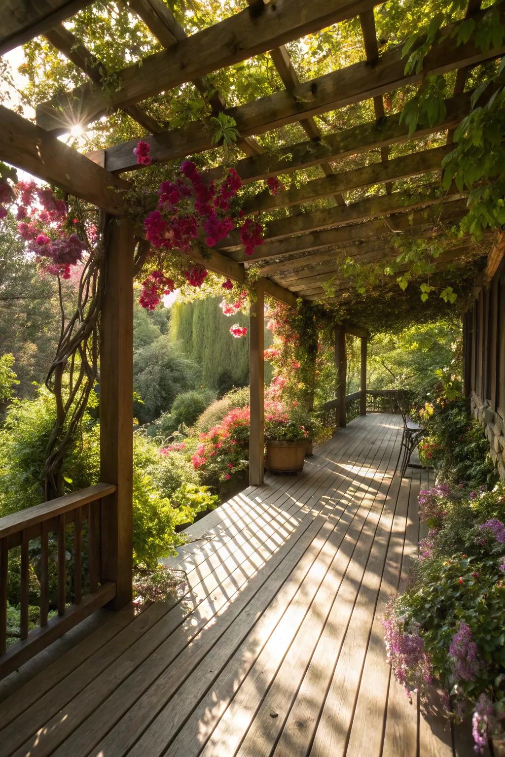 A pergola adorned with climbing plants creates a serene and shaded deck area.