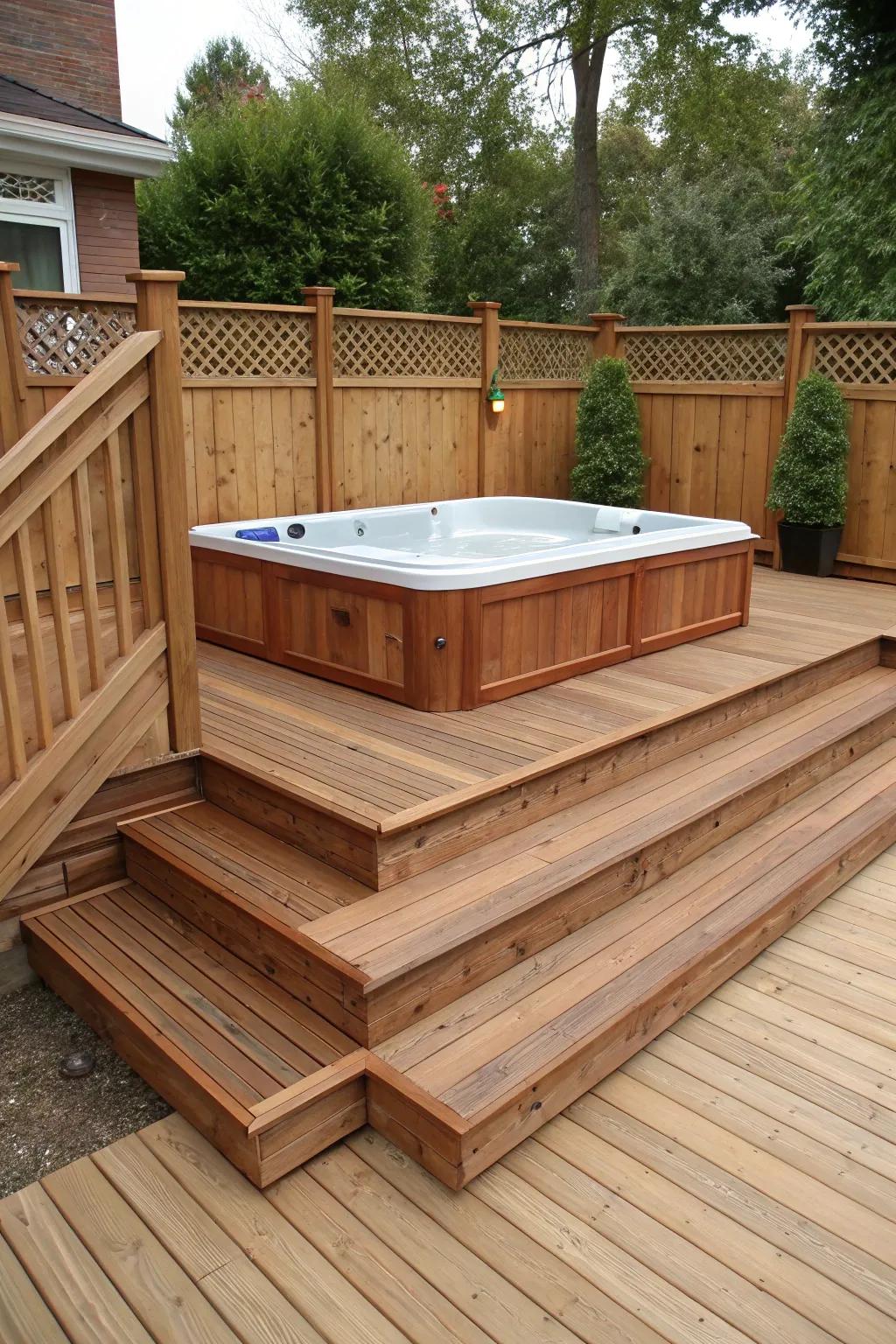 A hot tub seamlessly integrated into the deck design.