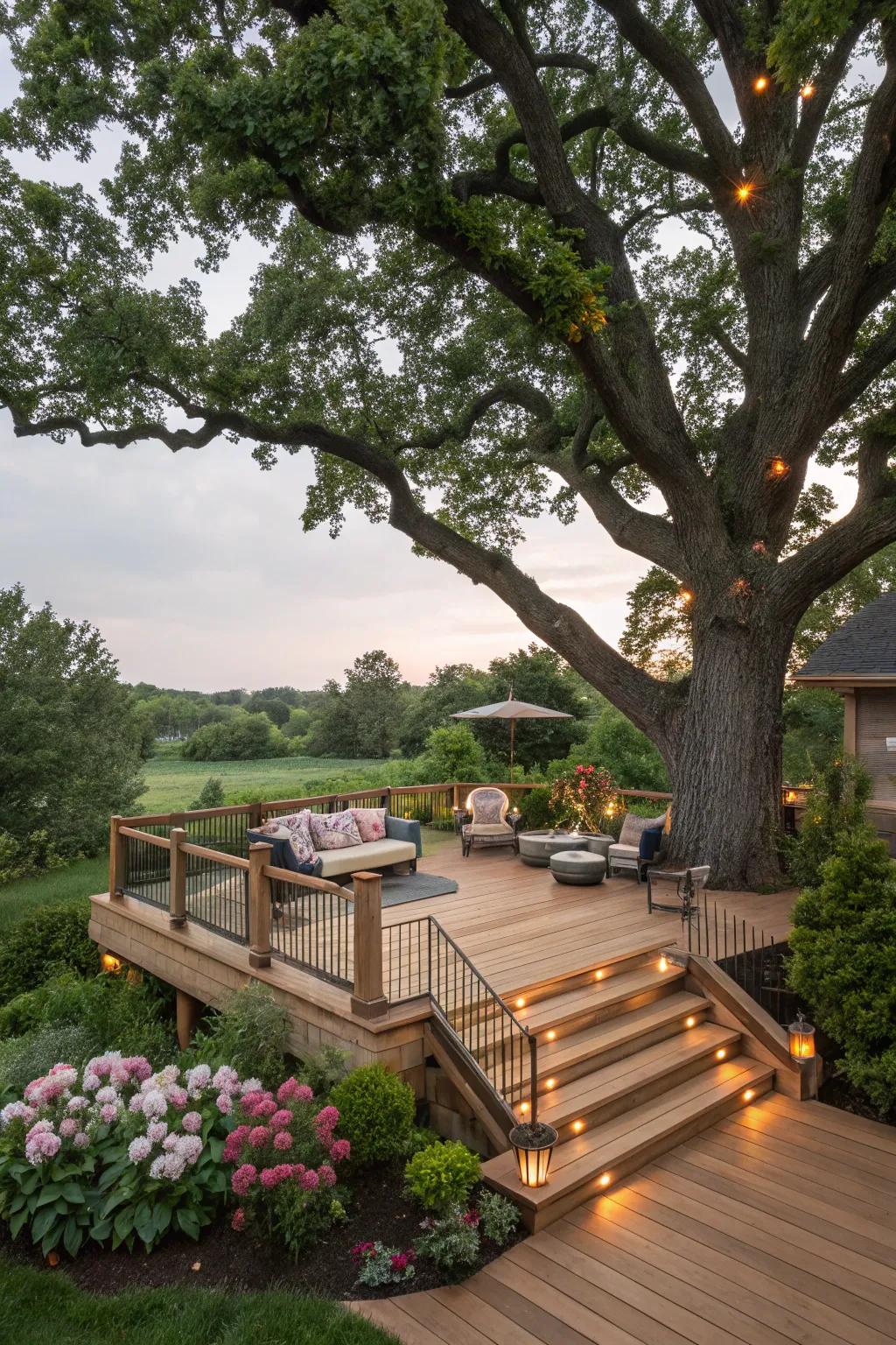 A deck artfully designed around a grand oak, seamlessly merging with its natural surroundings.