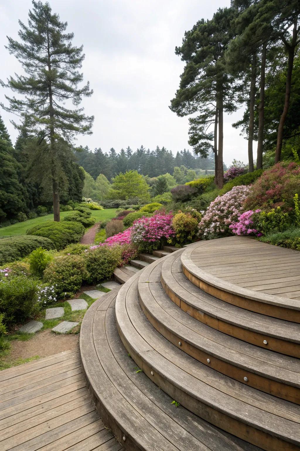 Curved deck steps that blend with the natural landscape