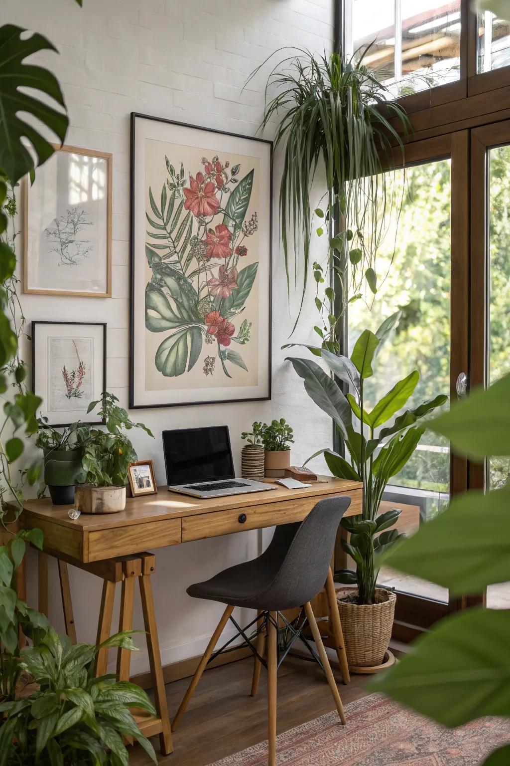 A home office showcasing a framed botanical drawing.
