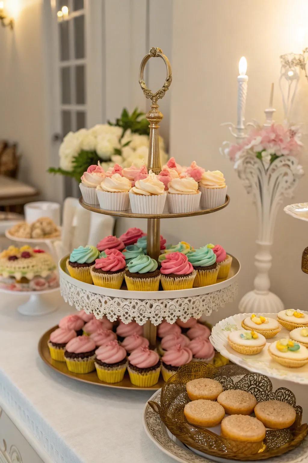 Tiered stands bring height and elegance to any dessert table.