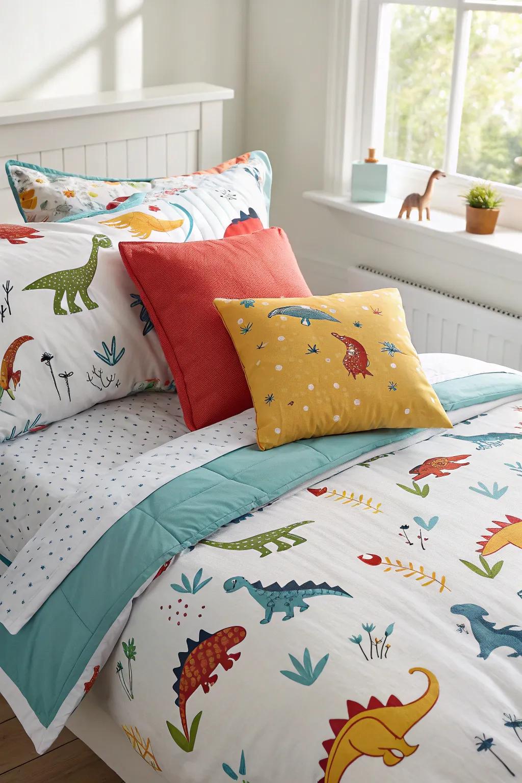 A bed adorned with dinosaur-themed bedding, perfect for dino dreamers.
