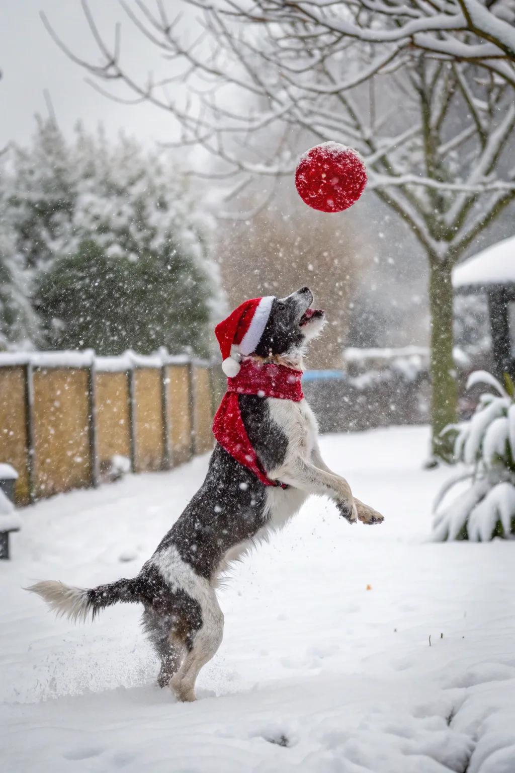 Santa Paws loves a good game of catch in the snow.