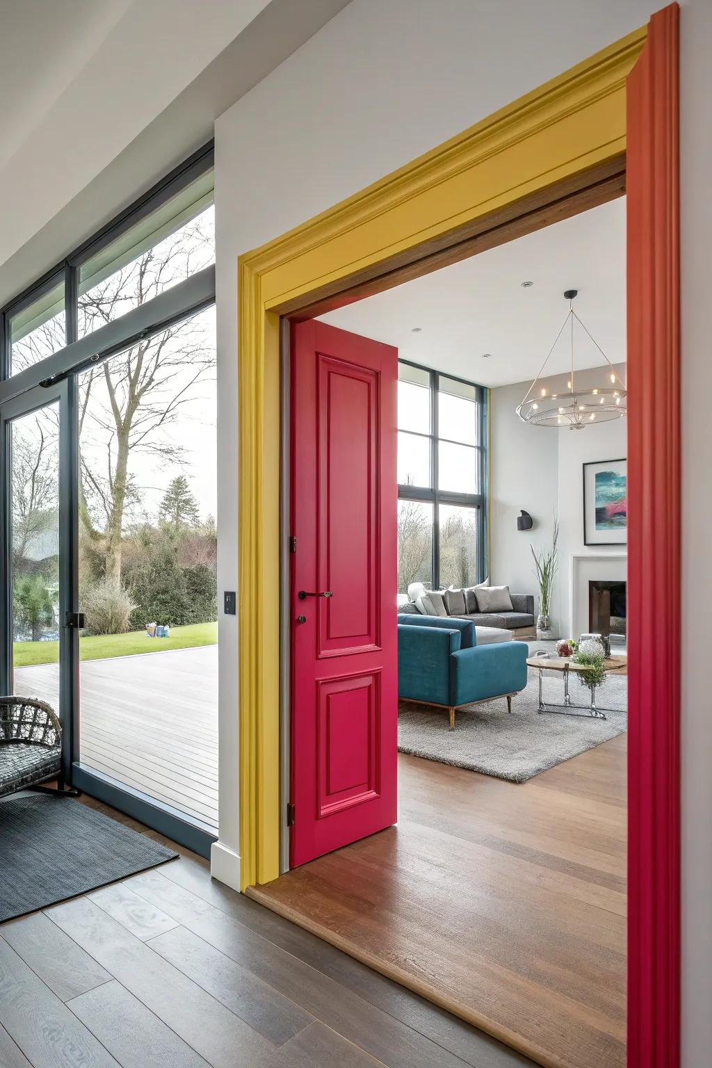 Bright and bold door trim adds a pop of color to this modern living space.