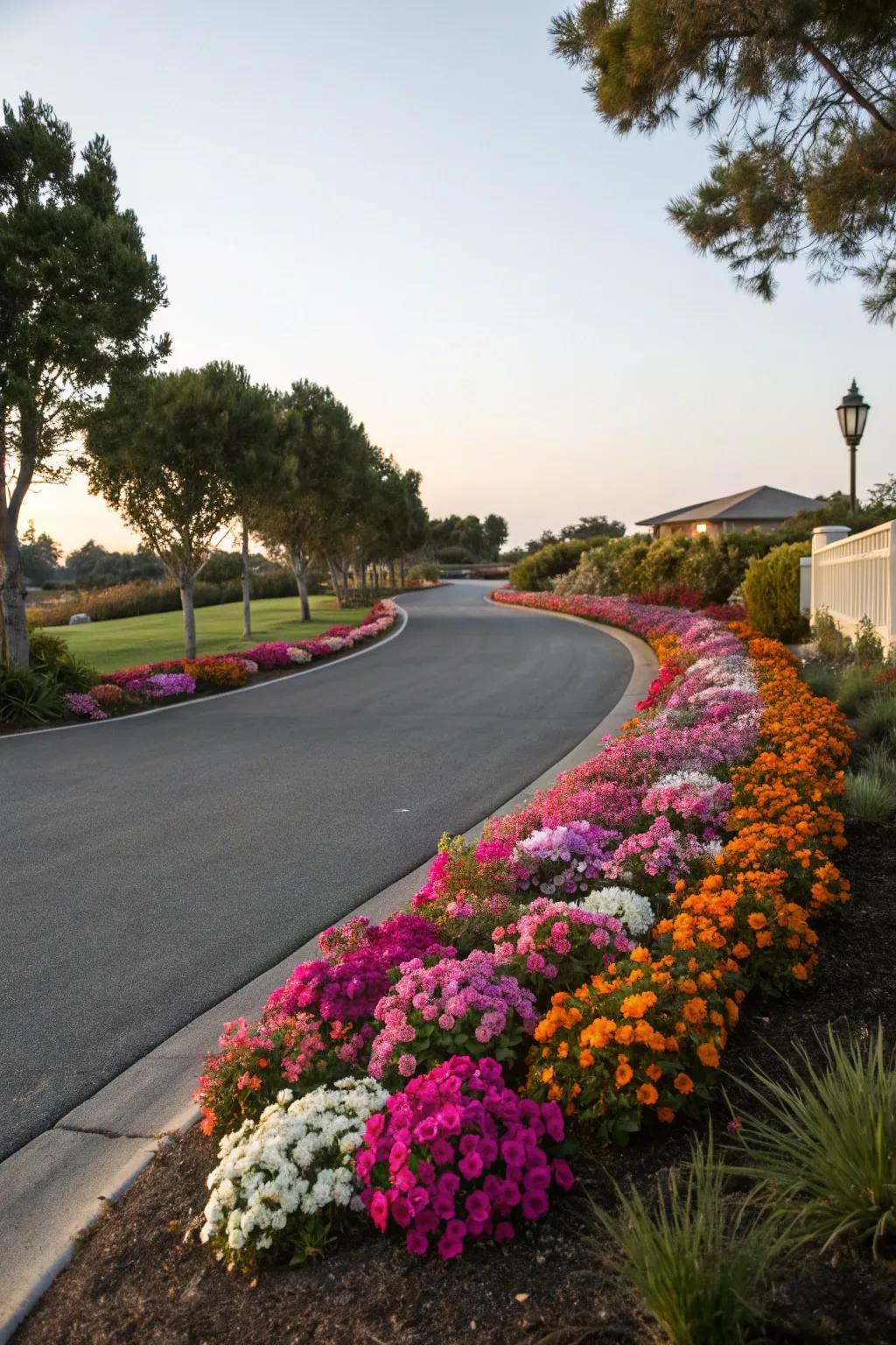A floral embankment infuses color and allure into this driveway.