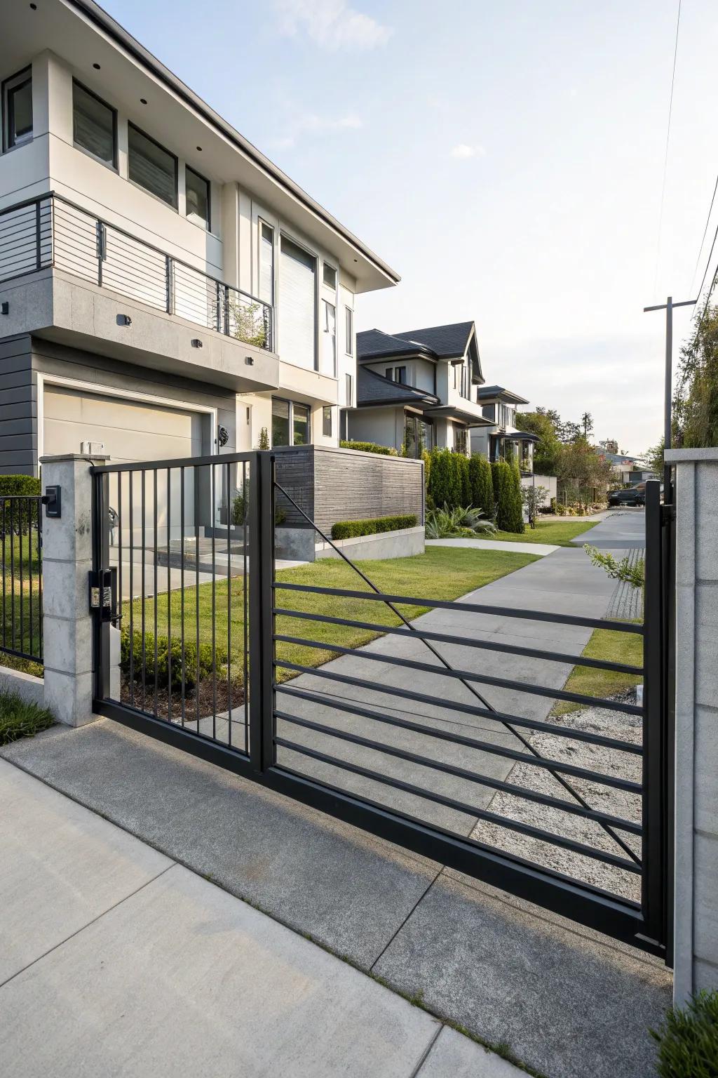 A sleek metal gate enhances the modern appeal of this urban home.