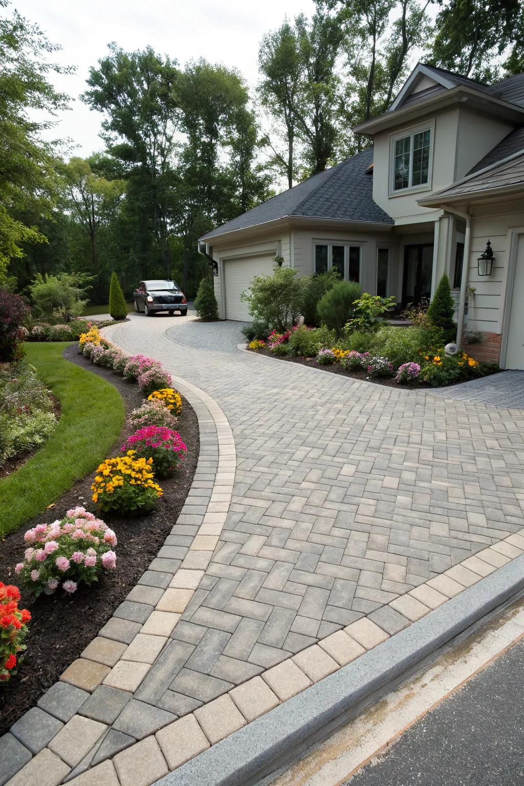 Classic herringbone paver pattern giving a timeless look to a modern driveway.