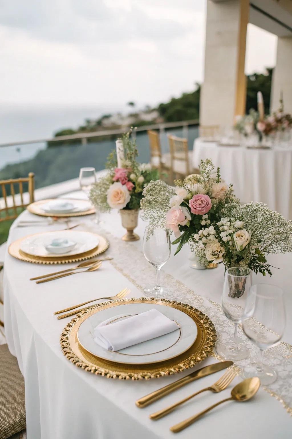 Golden accents lend an air of sophistication to this refined table arrangement.