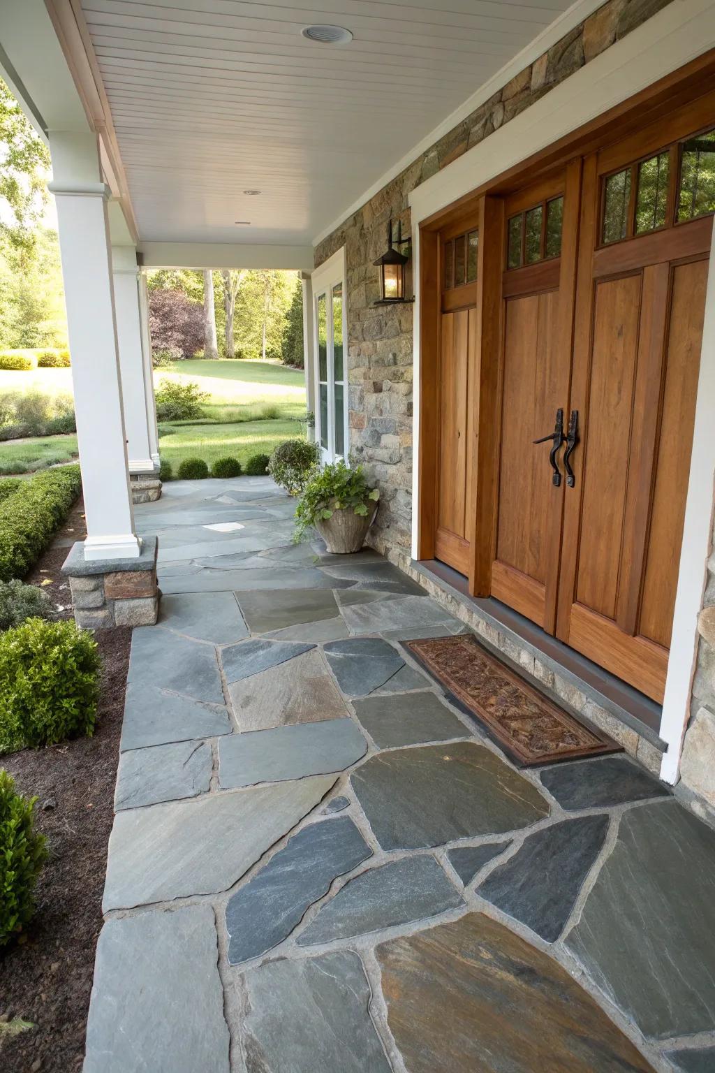 A front porch with a creative blend of stone textures for an eye-catching entrance.