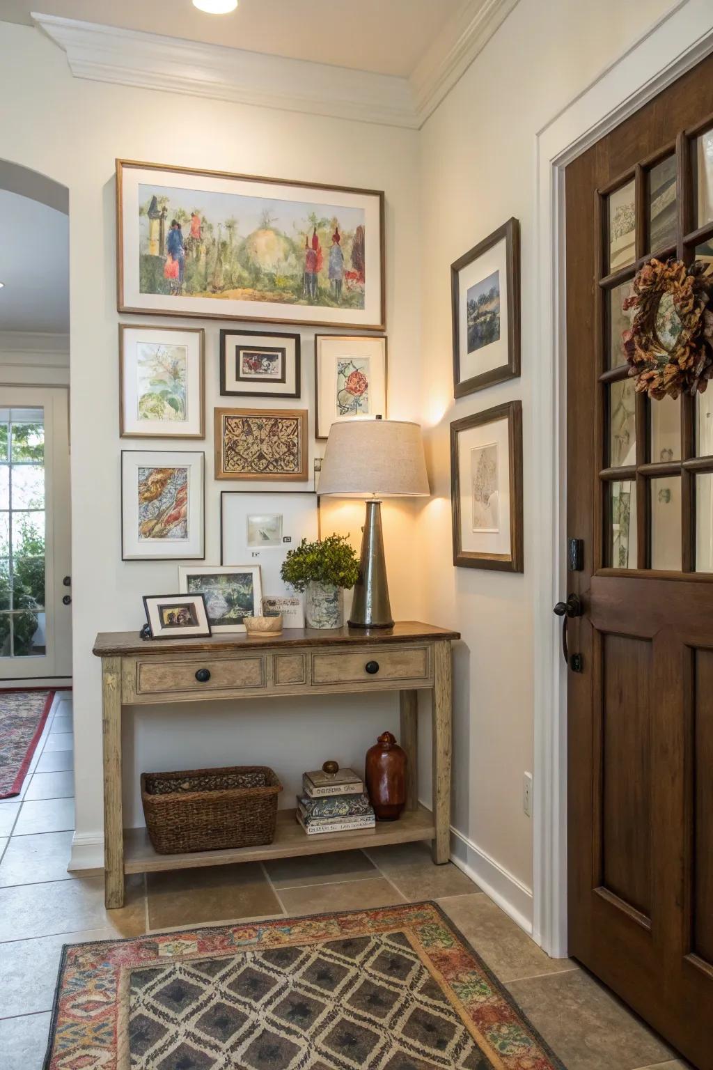 A gallery wall adds character and warmth to any entryway.