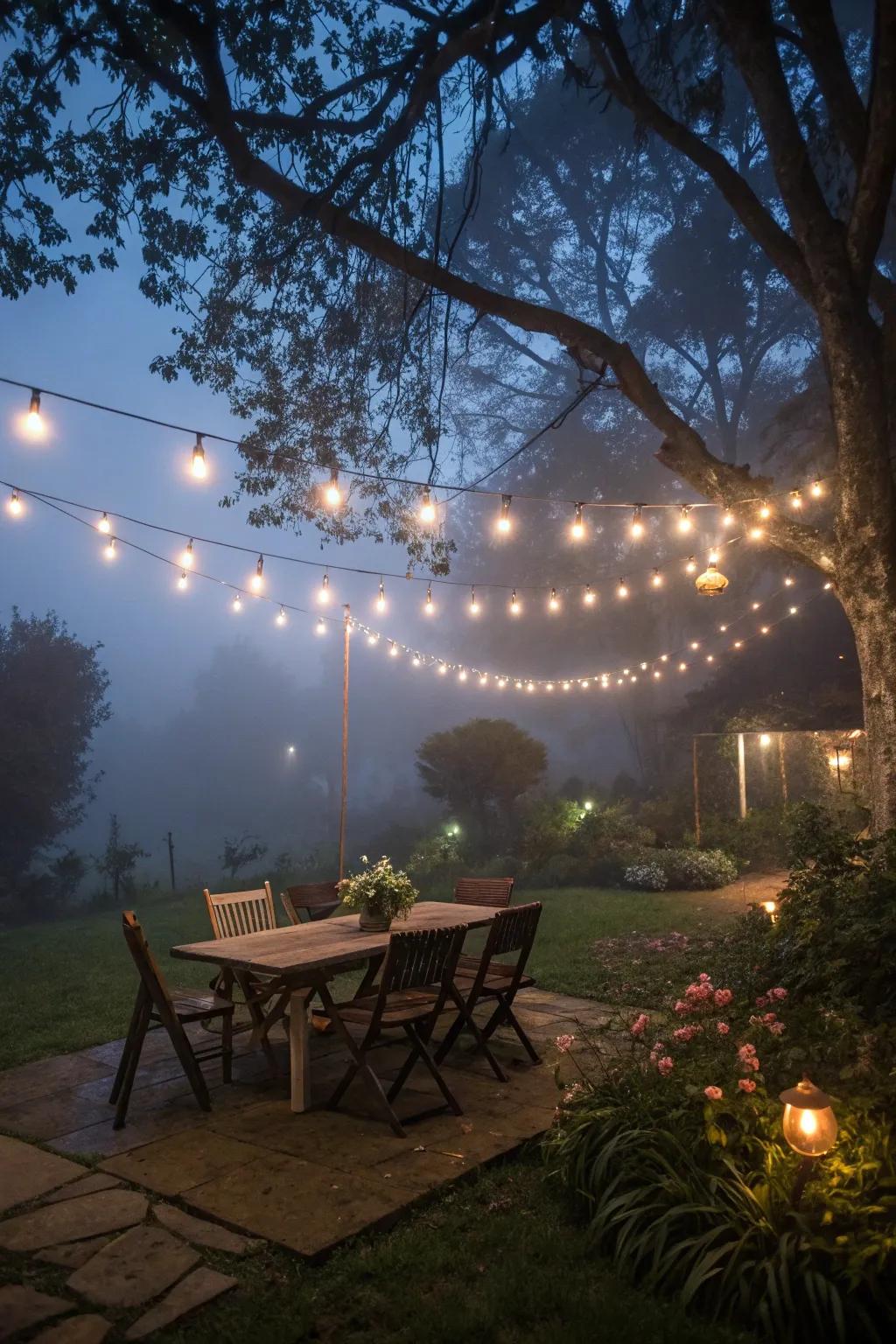 A starry canopy of fairy lights creates a magical atmosphere.