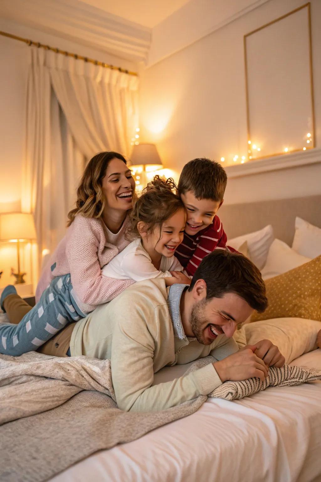 Capture playful and cozy moments with your family on a bed.