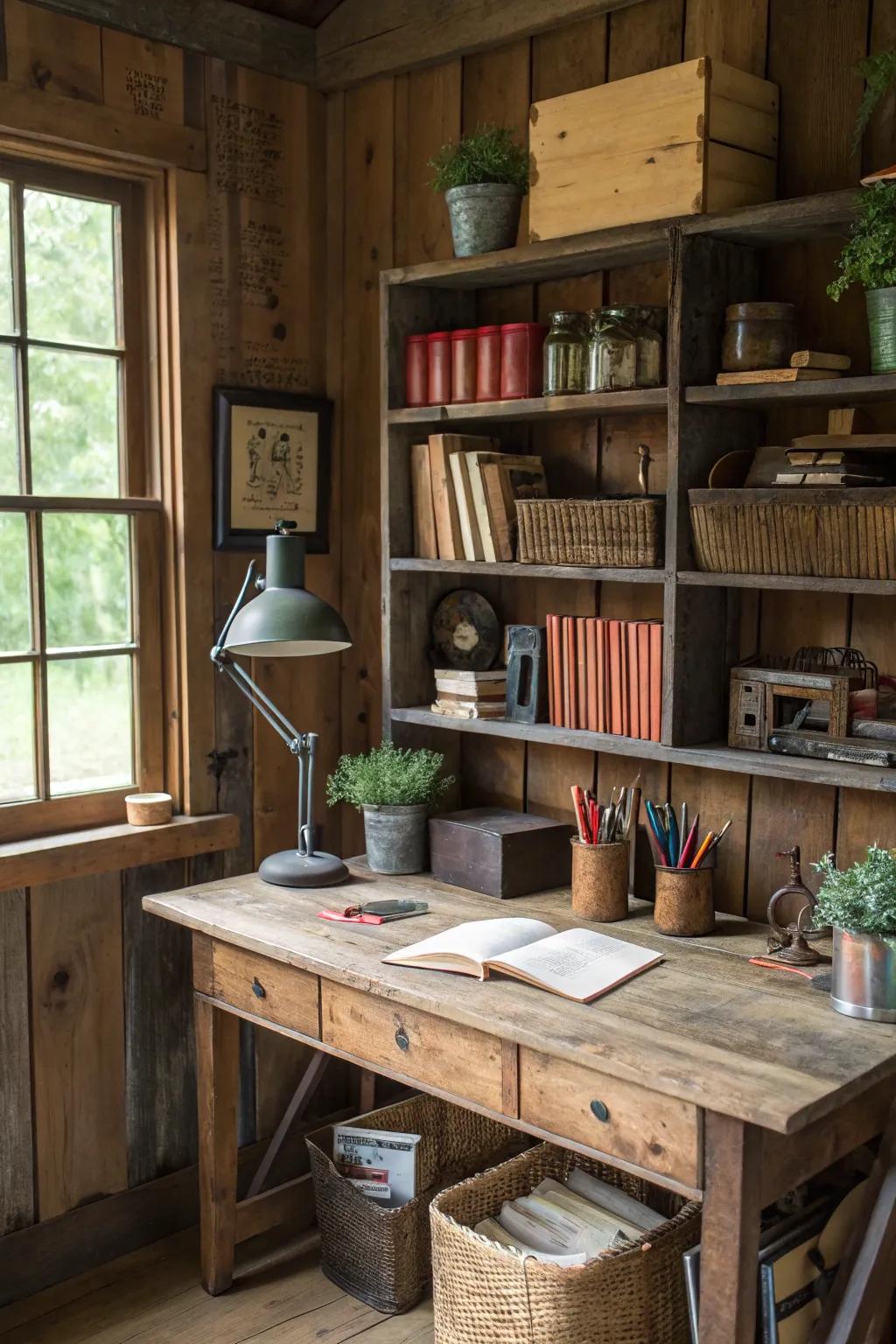 A farm office with reclaimed wood elements, adding warmth and charm.