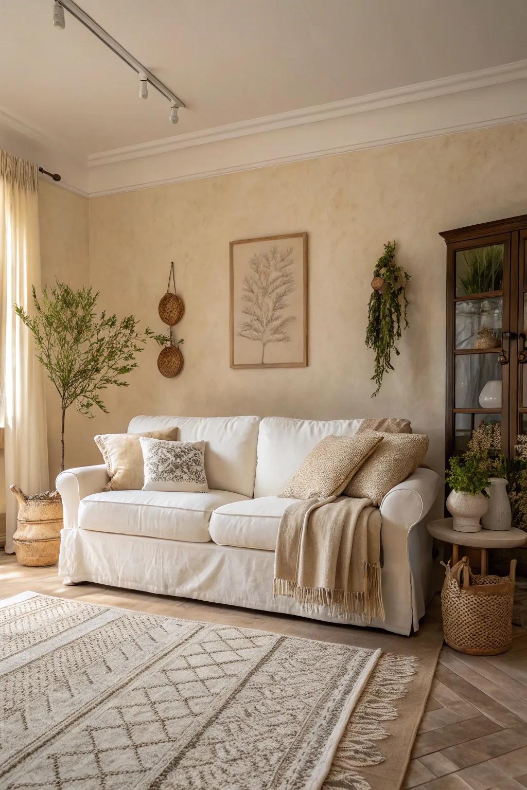 A serene living room showcasing a neutral color palette.