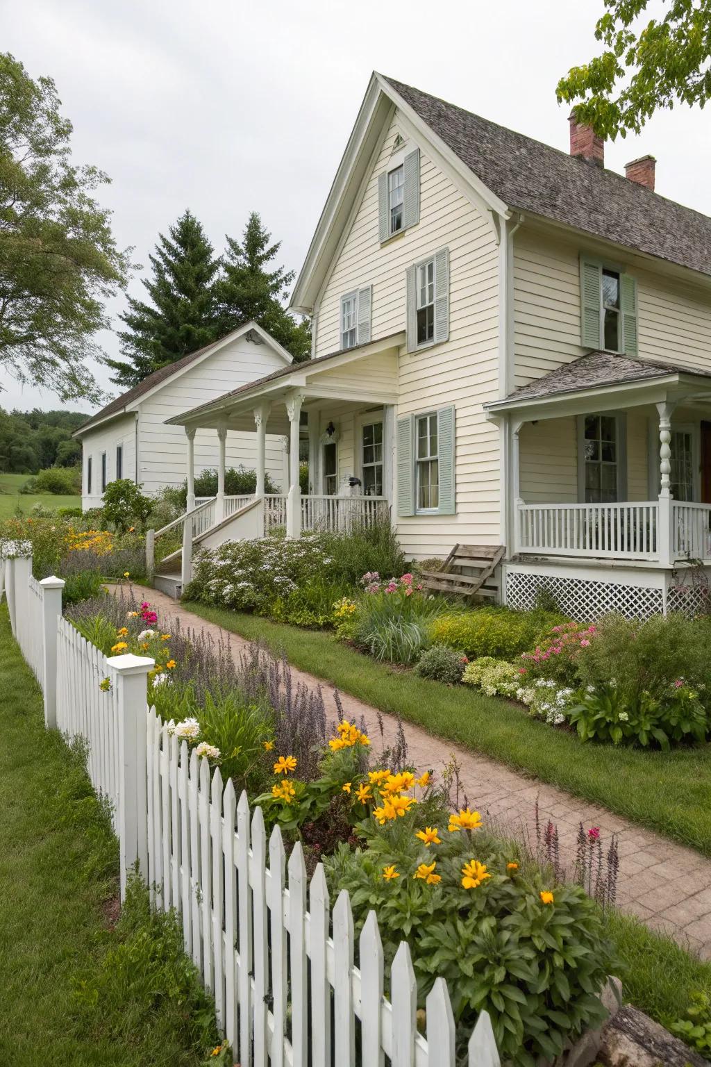 A timeless white farmhouse enhanced with creamy accents for added warmth.