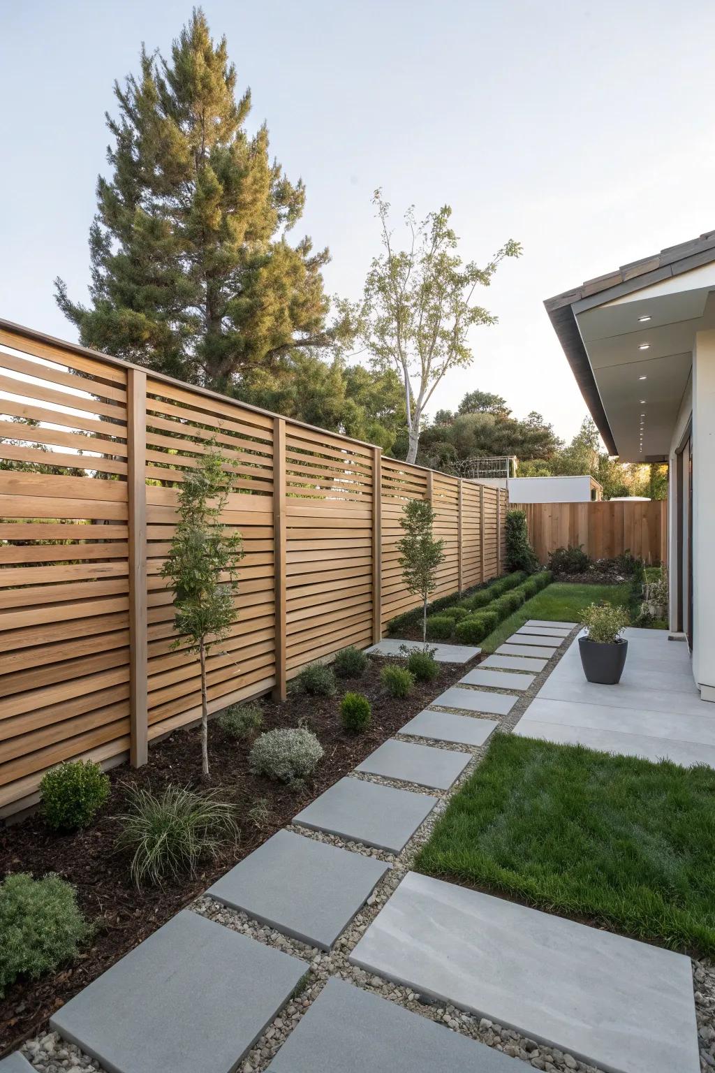 Horizontal wood slat fencing adds a modern touch to any backyard.