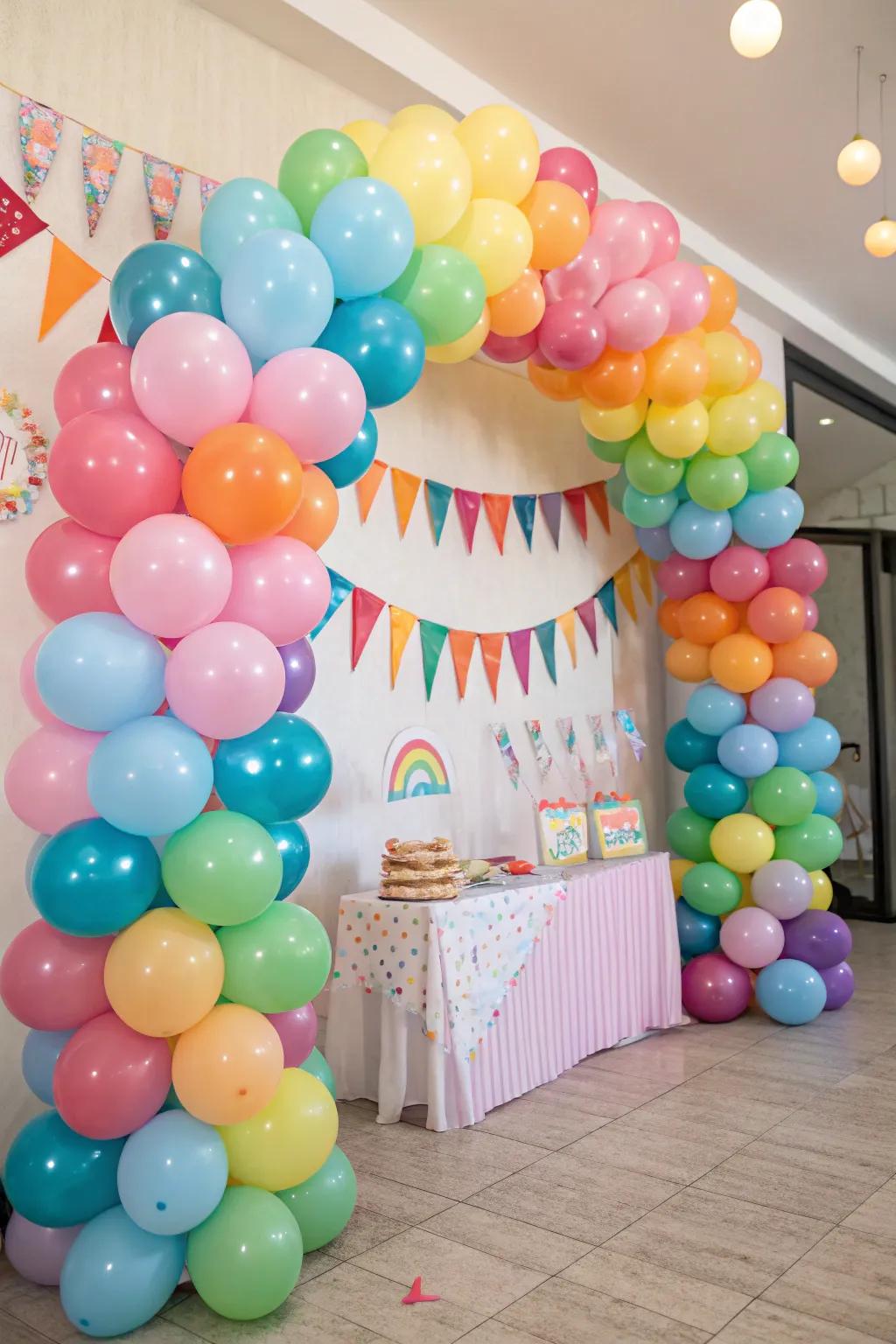 A vibrant balloon arch creating a festive atmosphere for the party.