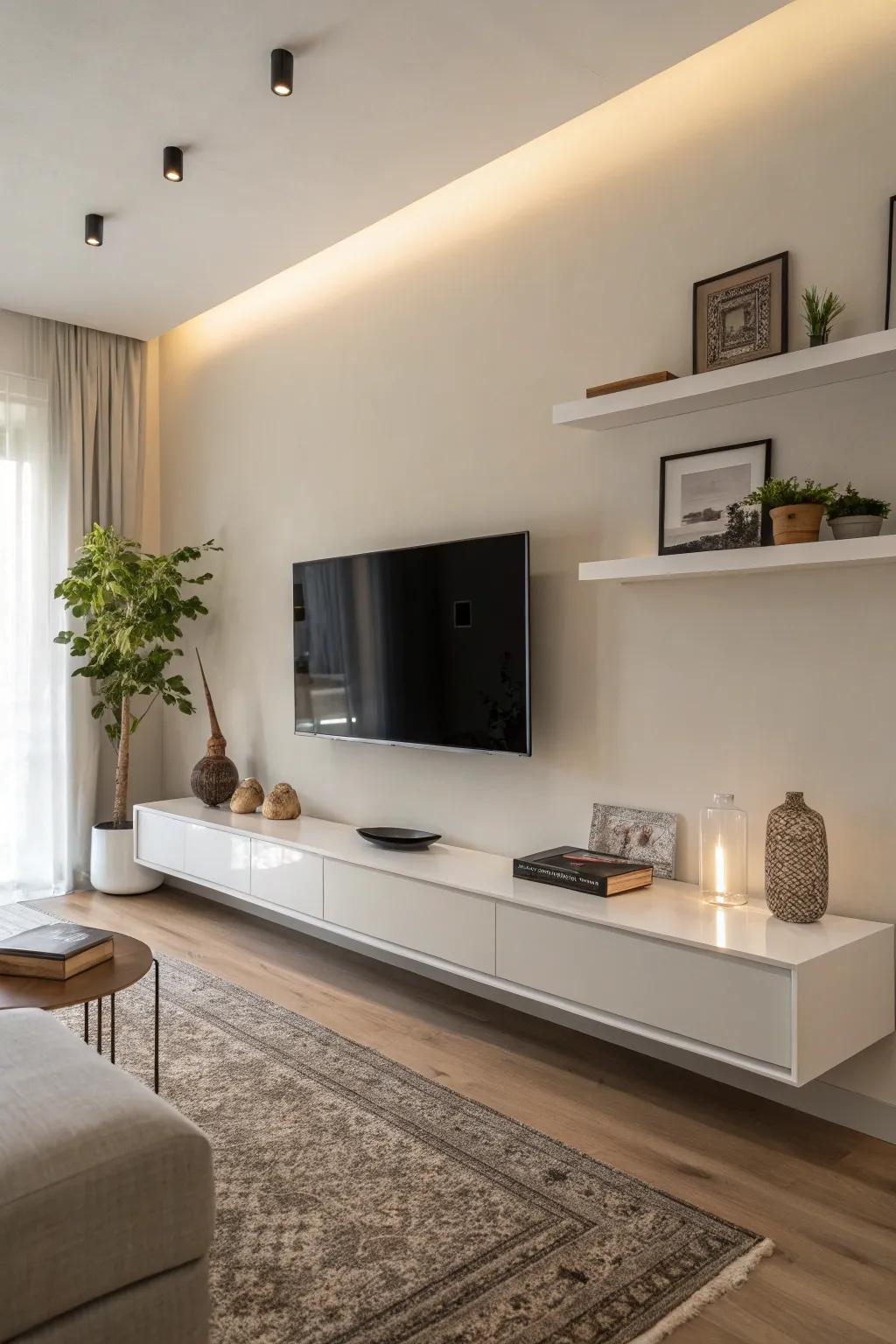 A minimalist floating ledge maintains emphasis on the television and introduces a modern element.