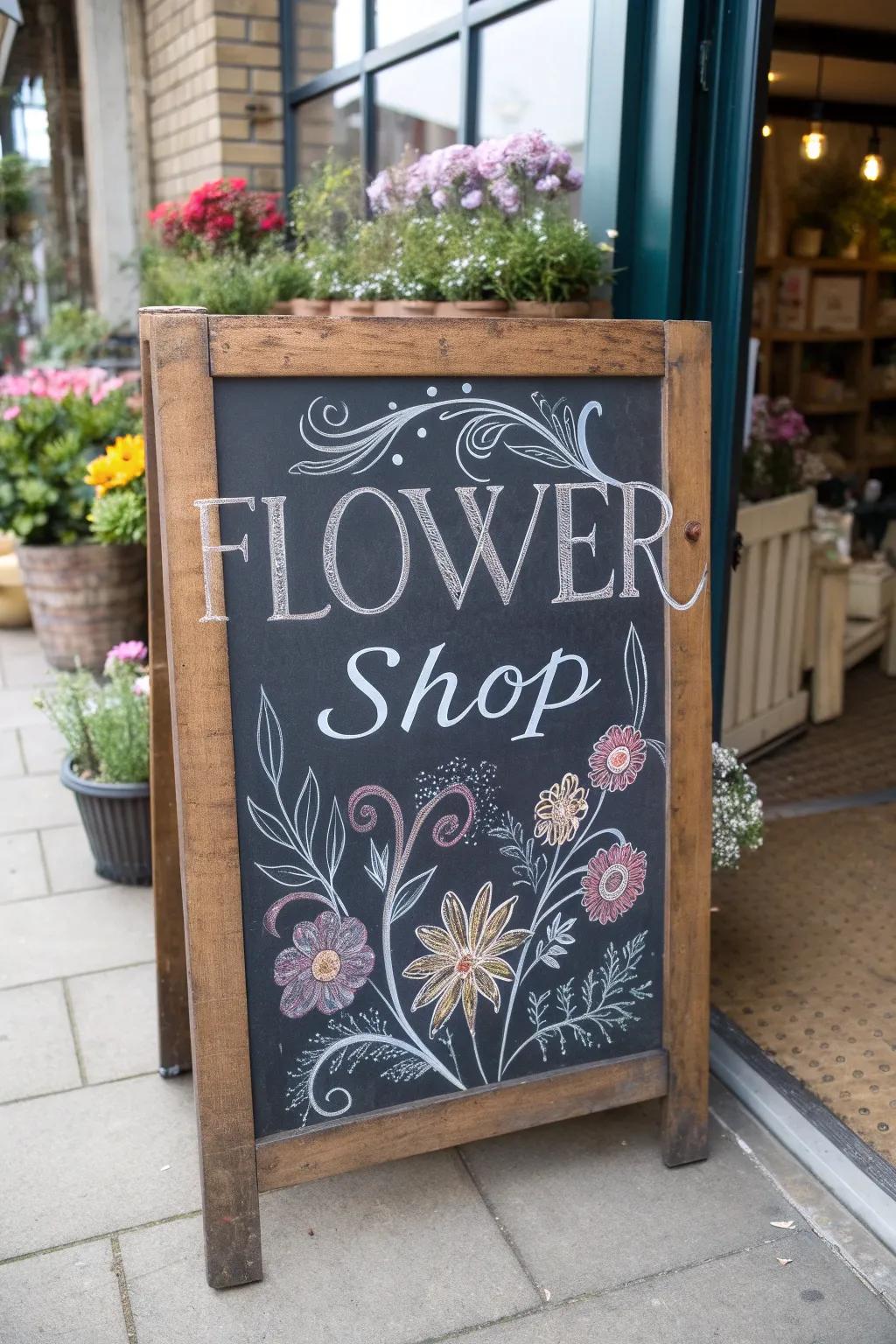 Charming vintage chalkboard sign adding a nostalgic touch to the flower shop