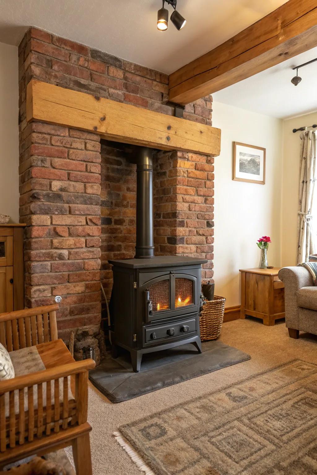 A brick backdrop enhances the rustic charm of this wood stove.