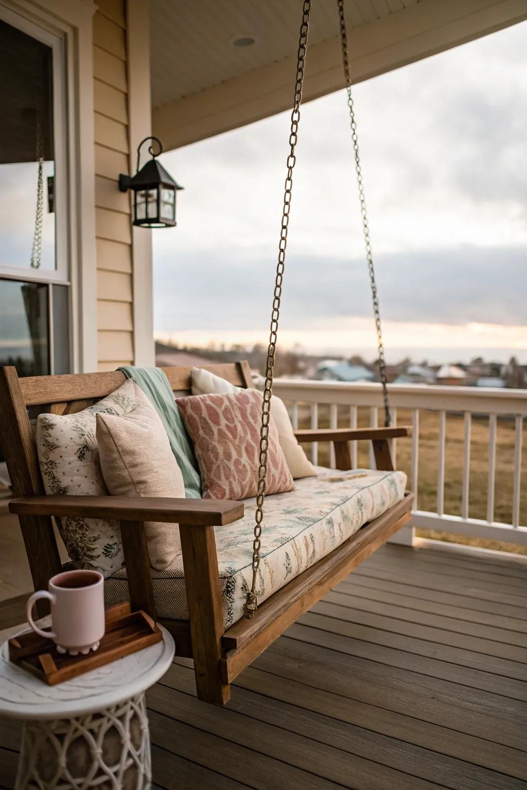 An inviting front veranda showcases a timber swing adorned with plush pillows.