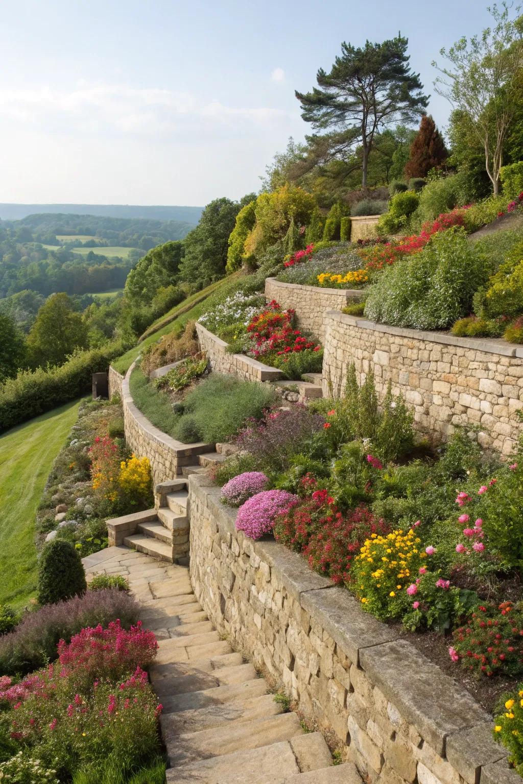 Terraced gardens add depth and interest to your front yard slope.