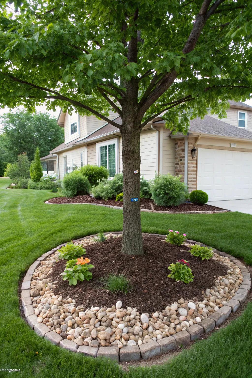 Mulch and pebbles create a striking contrast around tree roots.