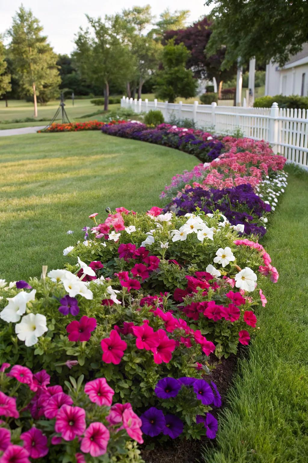 A vibrant display achieved through a mix of geranium hues in a front garden.