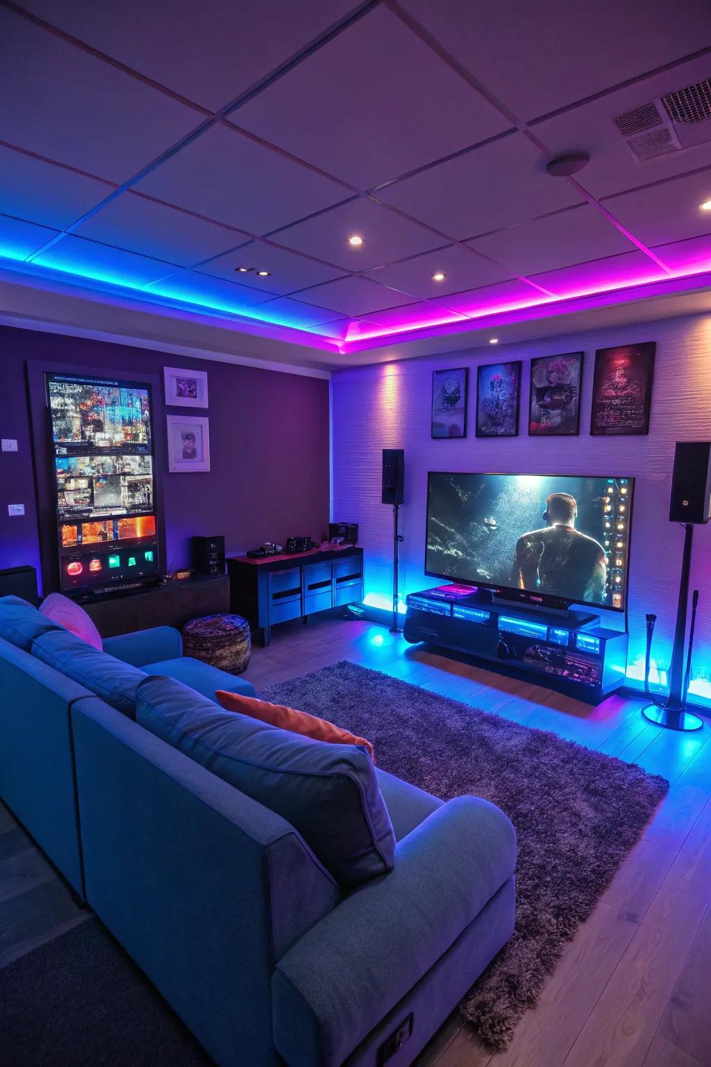 Gaming room enhanced with LED mood lighting for an immersive experience.