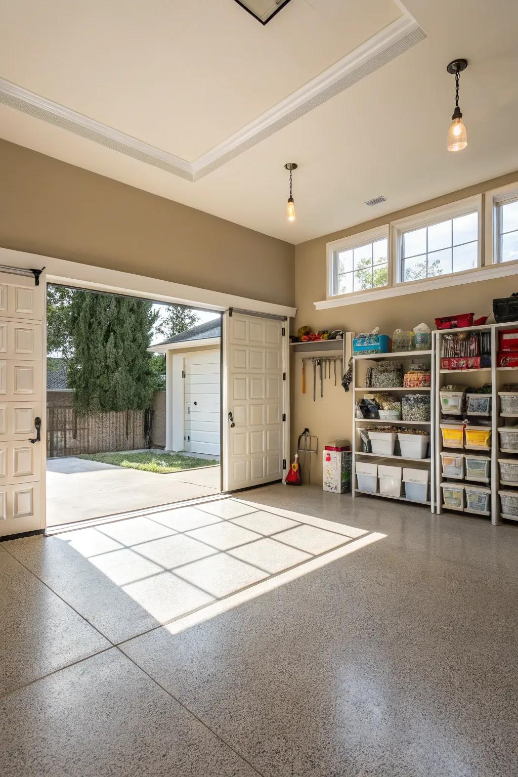 Neutral palettes provide an ideal foundation for a well-lit and uncluttered garage.