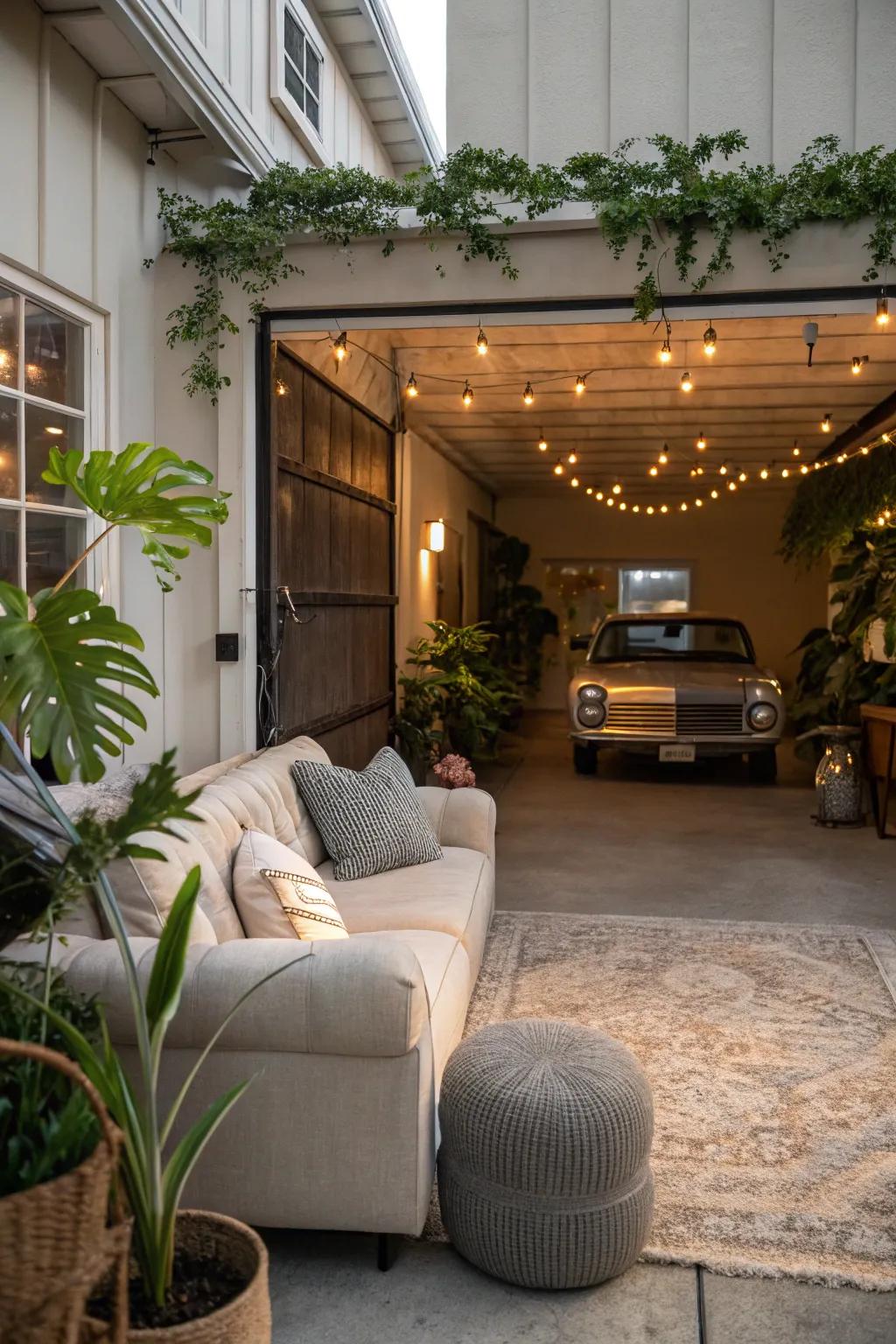 A garage converted into a cozy and inviting living space.