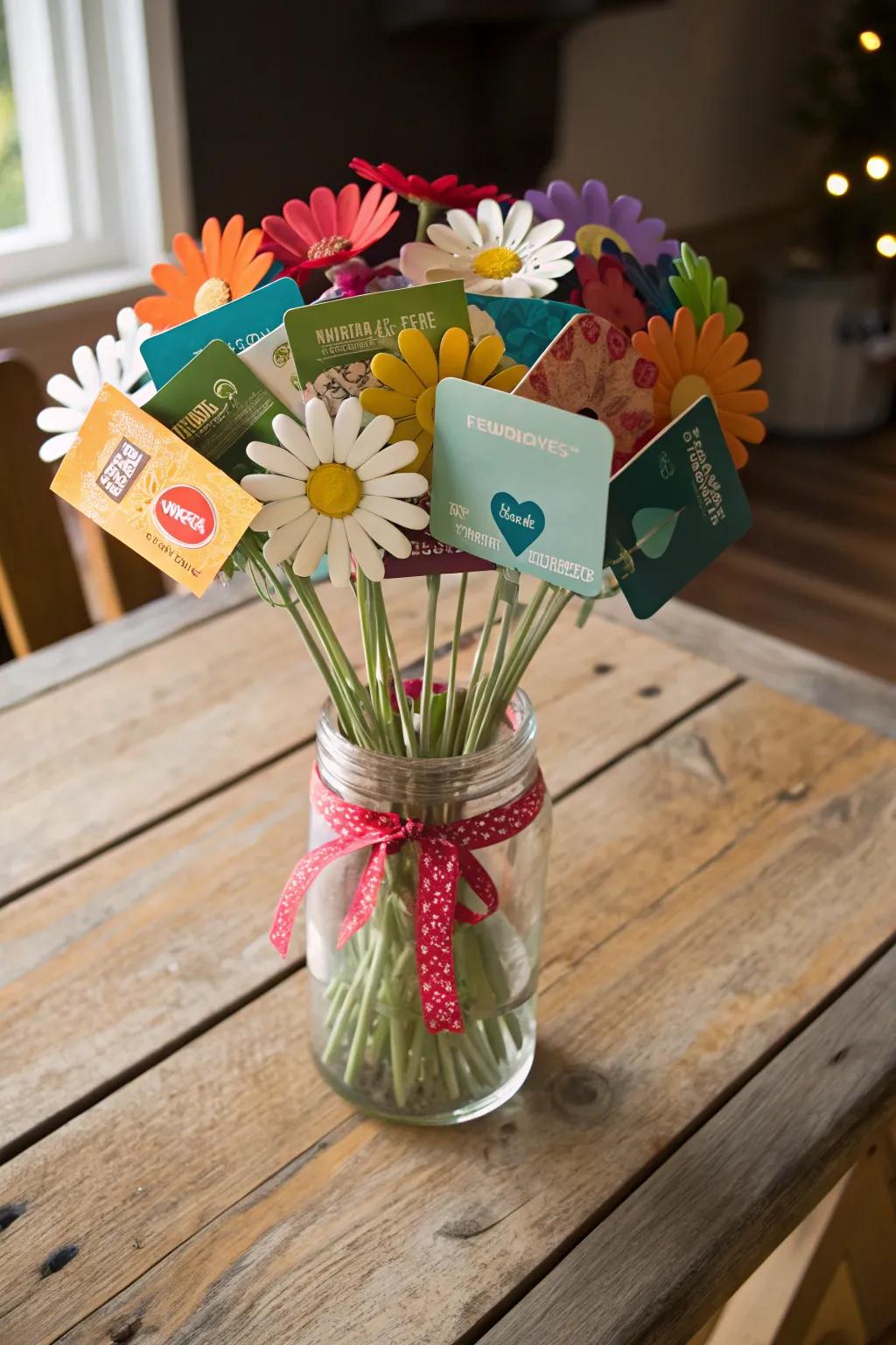 Gift cards presented as a floral arrangement bring a special touch.