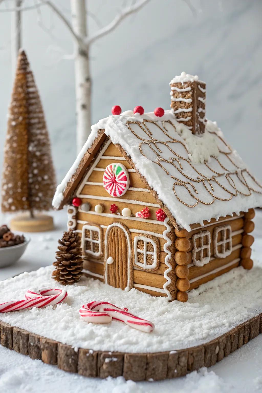 A gingerbread house with pretzel stick logs creating a rustic log cabin look.