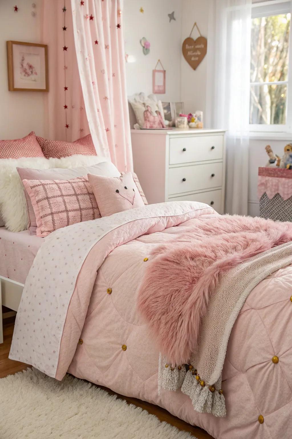 Layered pink bedding adds warmth and depth to the bedroom.